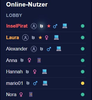 Online-Nutzerliste im Chat mit Rollen, Status, Geschlecht und Geraet